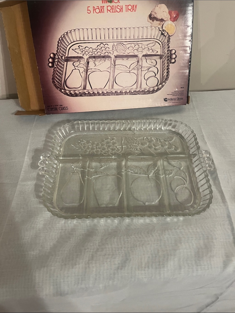 Indiana Glass Clear Five-Section Relish Tray with Fruit Motif
